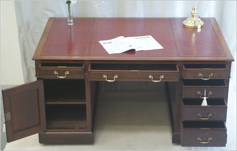 1028 Antique Mahogany Partners Desk with Brass Handles (8)